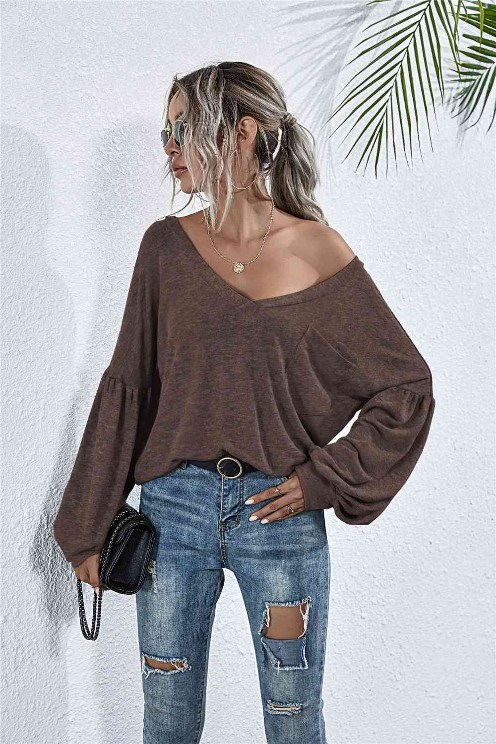 V - Neck Long Sleeve Dropped Shoulder Knit Top - LustMia