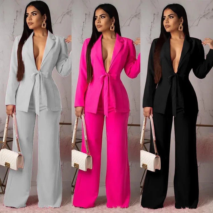 Matching Sets Cardigan Outerwear Full Length Wide Leg Pant Sets Solid Two Pieces set Loose Pockets Office Lady 2024 Spliced - LustMia