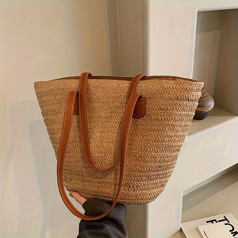 1pc, Fashion Chic Straw Woven Shoulder Tote Bag, Women's Large Capacity Handbag, Casual Versatile Beach Vacation Bag - LustMia