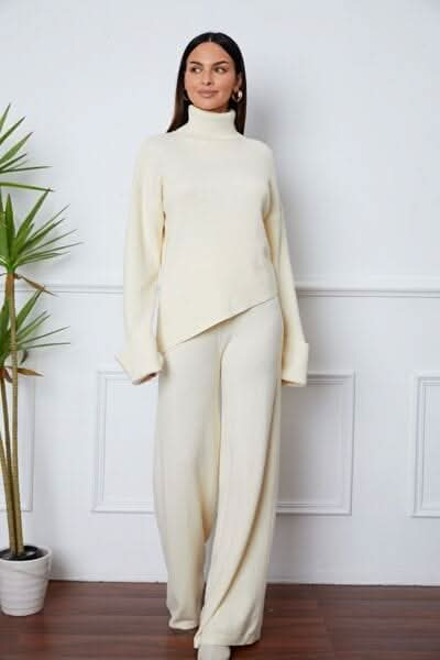 Turtleneck Dropped Shoulder Top and Pants Sweater Set - LustMia