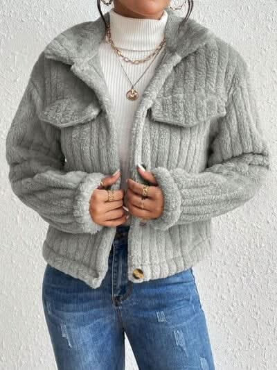 Fuzzy Button Up Collared Neck Jacket - LustMia