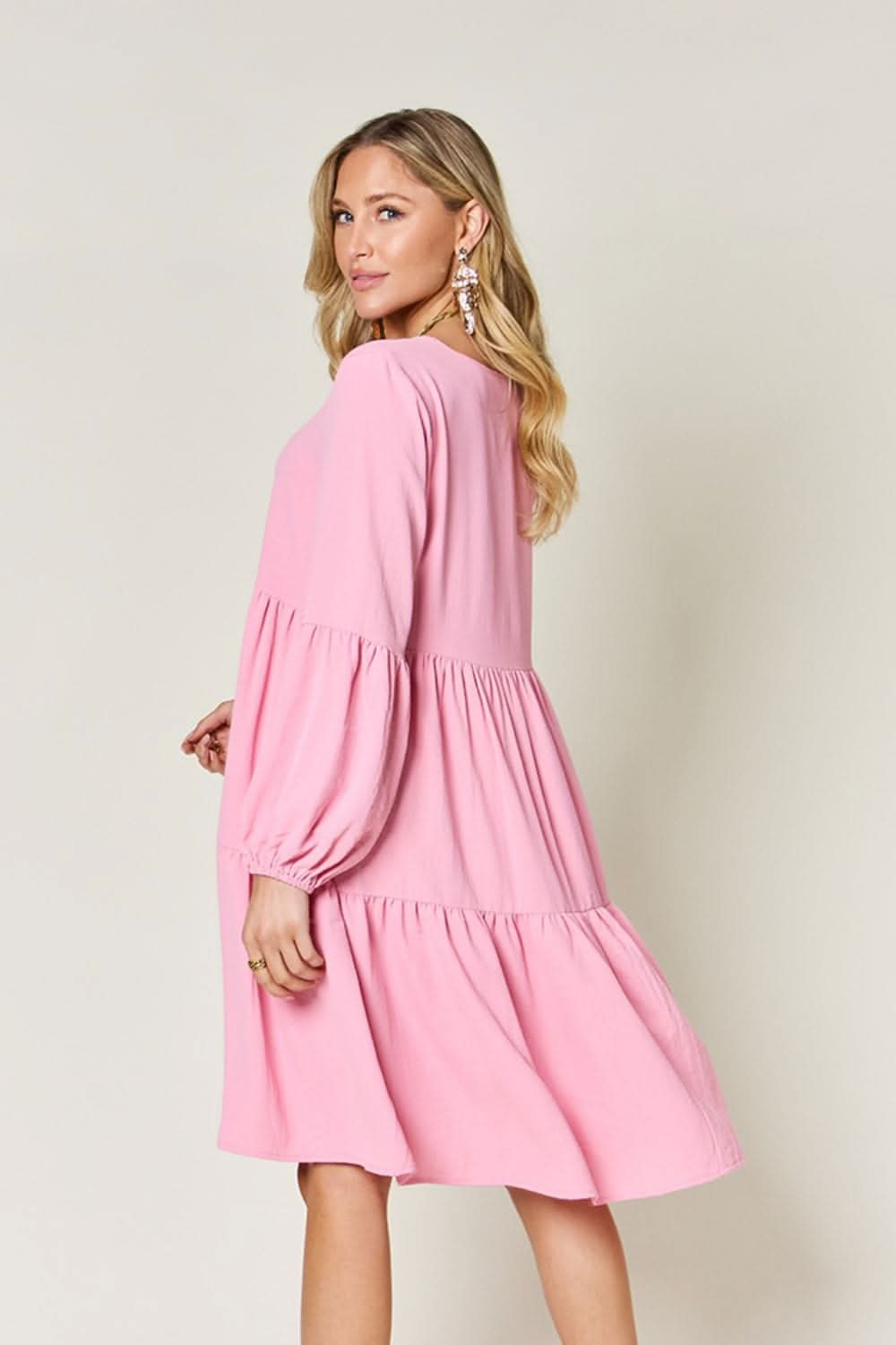 Double Take Full Size V - Neck Balloon Sleeve Tiered Dress - LustMia