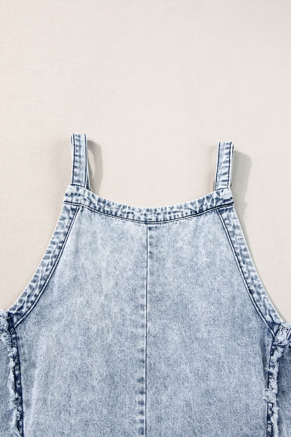 Beau Blue Light Wash Frayed Exposed Seam Wide Leg Denim Overall - LustMia