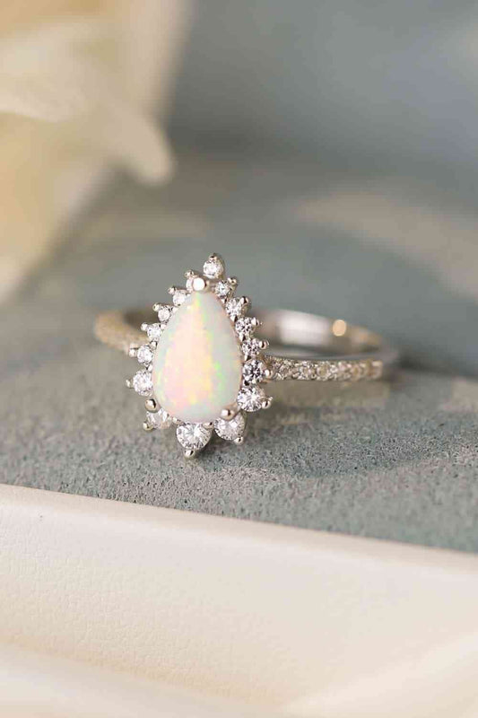 Platinum - Plated Opal Pear Shape Ring - LustMia