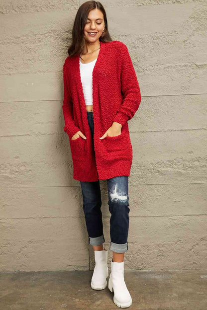 Zenana Falling For You Full Size Open Front Popcorn Cardigan - LustMia