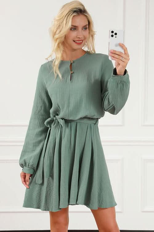 Tie Front Long Sleeve Mini Dress - LustMia