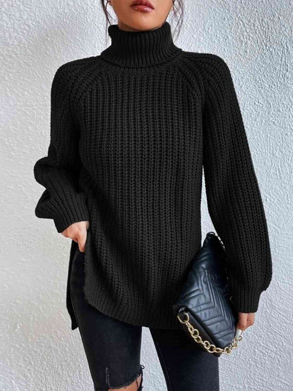 Full Size Turtleneck Rib - Knit Slit Sweater - LustMia