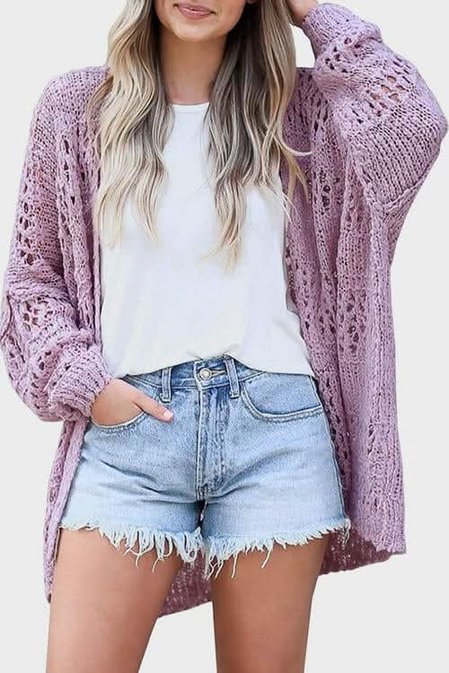 Openwork Open Front Long Sleeve Cardigan - LustMia