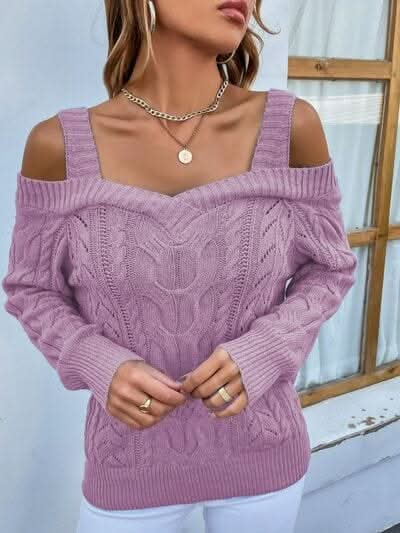 Cable - Knit Openwork Sweetheart Neck Sweater - LustMia