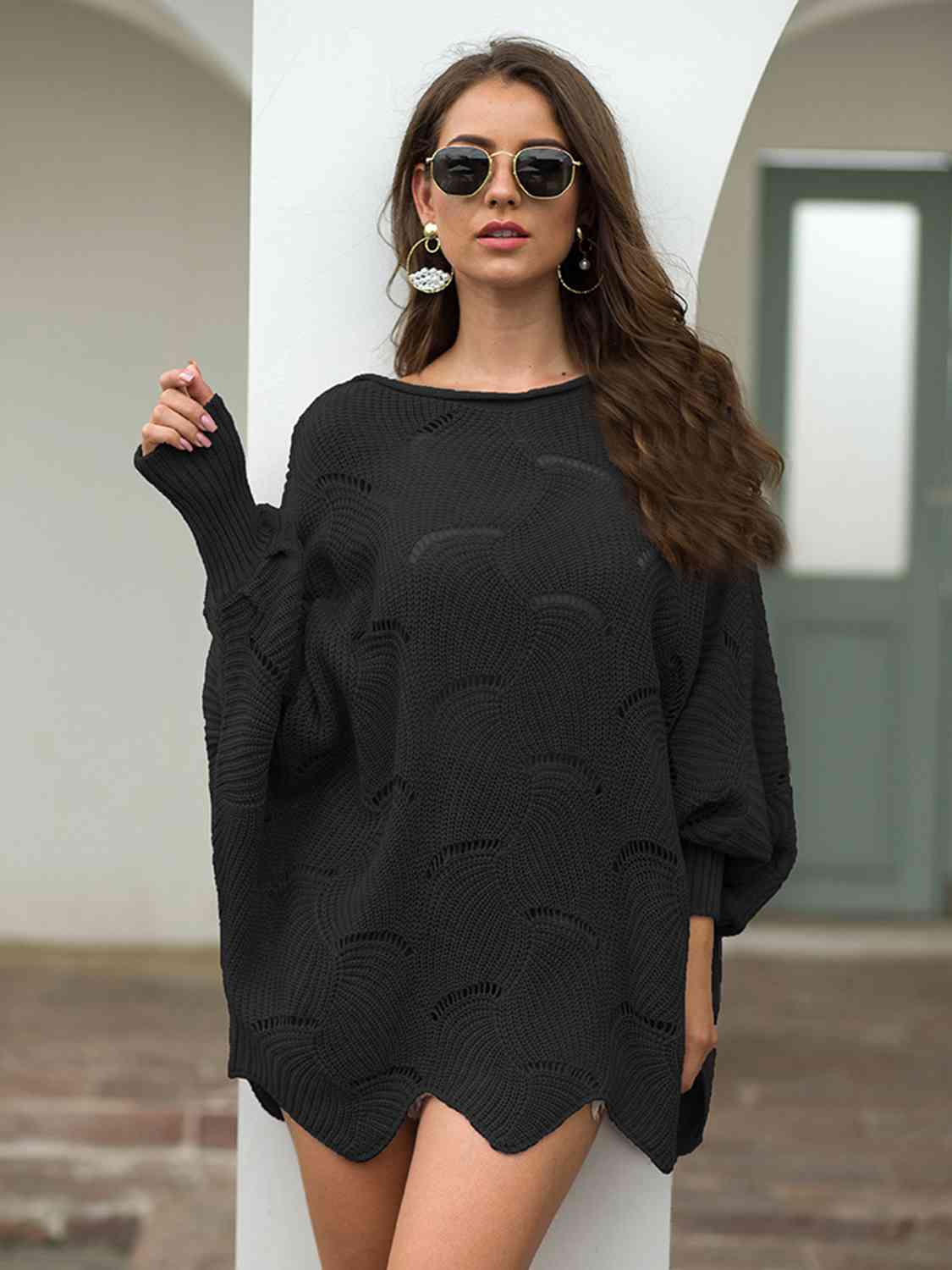 Full Size Boat Neck Lantern Sleeve Openwork Knit Top - LustMia