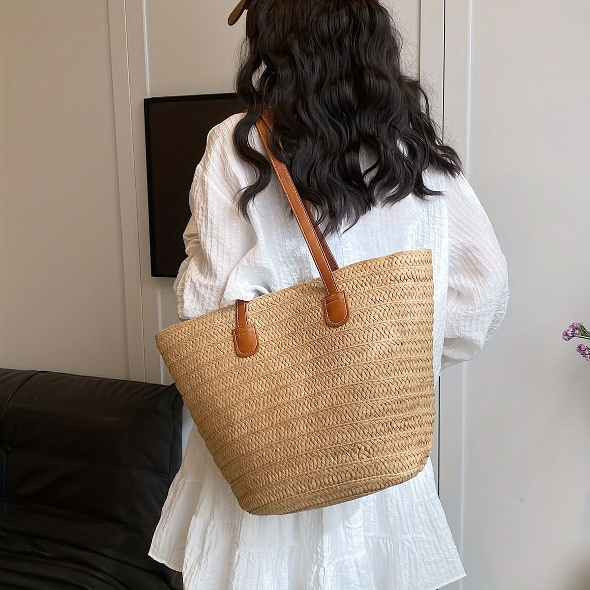 1pc, Fashion Chic Straw Woven Shoulder Tote Bag, Women's Large Capacity Handbag, Casual Versatile Beach Vacation Bag - LustMia