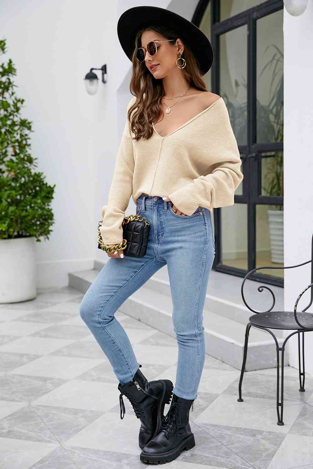 V - Neck Drop Shoulder Long Sleeve Knit Top - LustMia