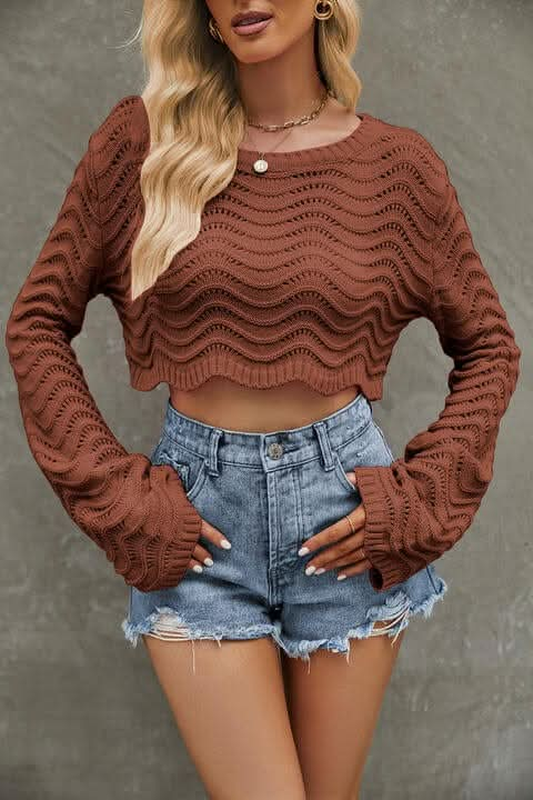 Round Neck Long Sleeve Cropped Sweater - LustMia