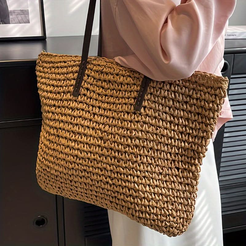 1pc Straw Woven Tote Bag (18.9''x14.17''/48cm*36cm), Luxury Handbag, Large Capacity Fashion Beach Shoulder Bag, Casual Summer Shopping - LustMia