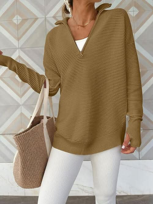 Half Zip Long Sleeve Knit Top - LustMia