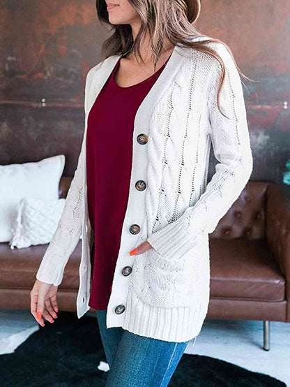 Cable - Knit Buttoned Cardigan with Pockets - LustMia