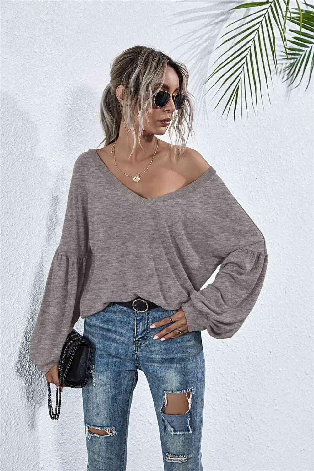 V - Neck Long Sleeve Dropped Shoulder Knit Top - LustMia