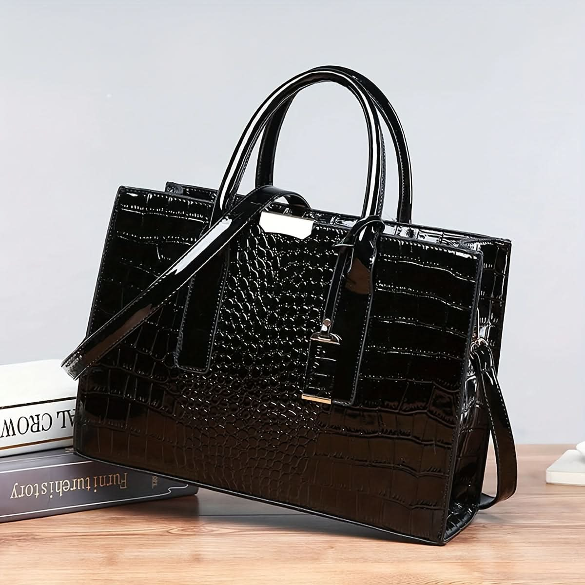 Classic Elegant Square Handbag, With Crocodile Pattern - LustMia