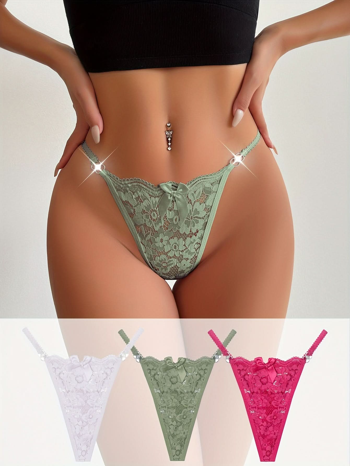 3pcs Floral Lace Bow Thongs, Semi - sheer Ring Linked Panties, Women's Lingerie & Underwear - LustMia