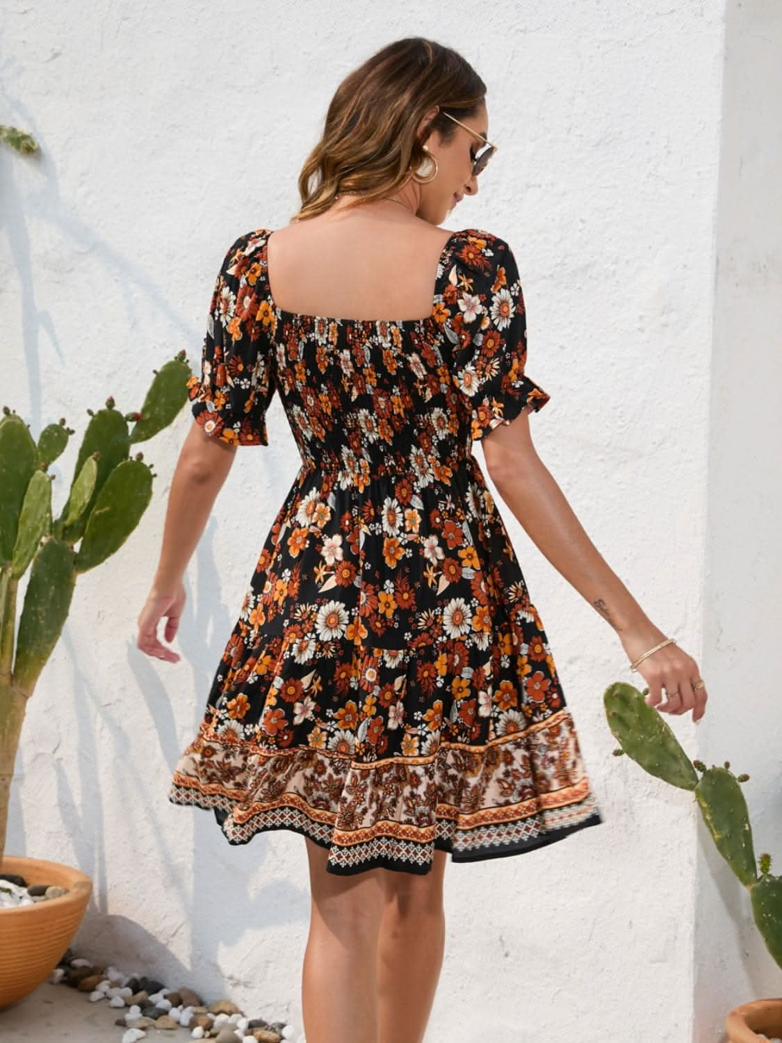 Printed Square Neck Short Sleeve Dress - LustMia