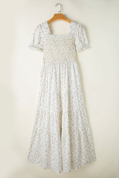 White Tiered Floral Maxi Dress - LustMia