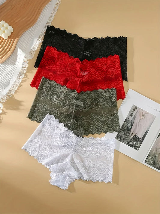 4 Pack Plus Size Romantic Panties Set, Women's Plus Floral Lace Scalloped Trim High Waisted Boyshorts Four Piece Set - LustMia