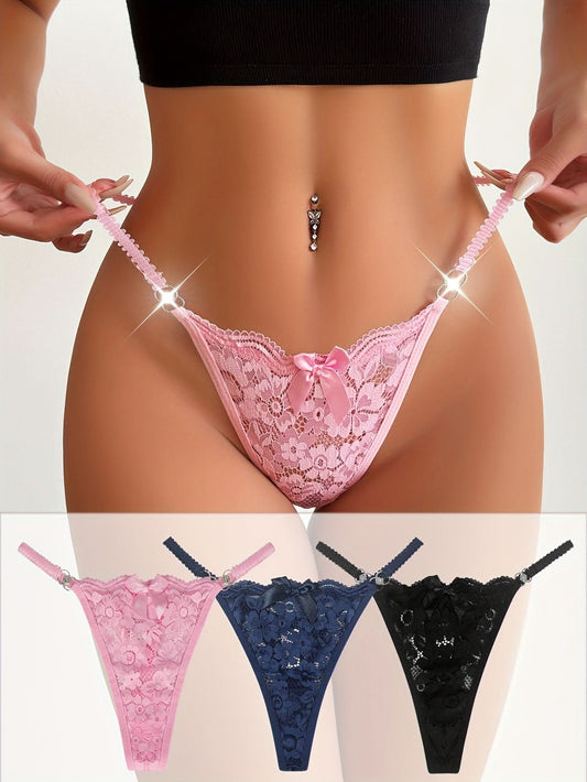 3pcs Floral Lace Bow Thongs, Semi - sheer Ring Linked Panties, Women's Lingerie & Underwear - LustMia