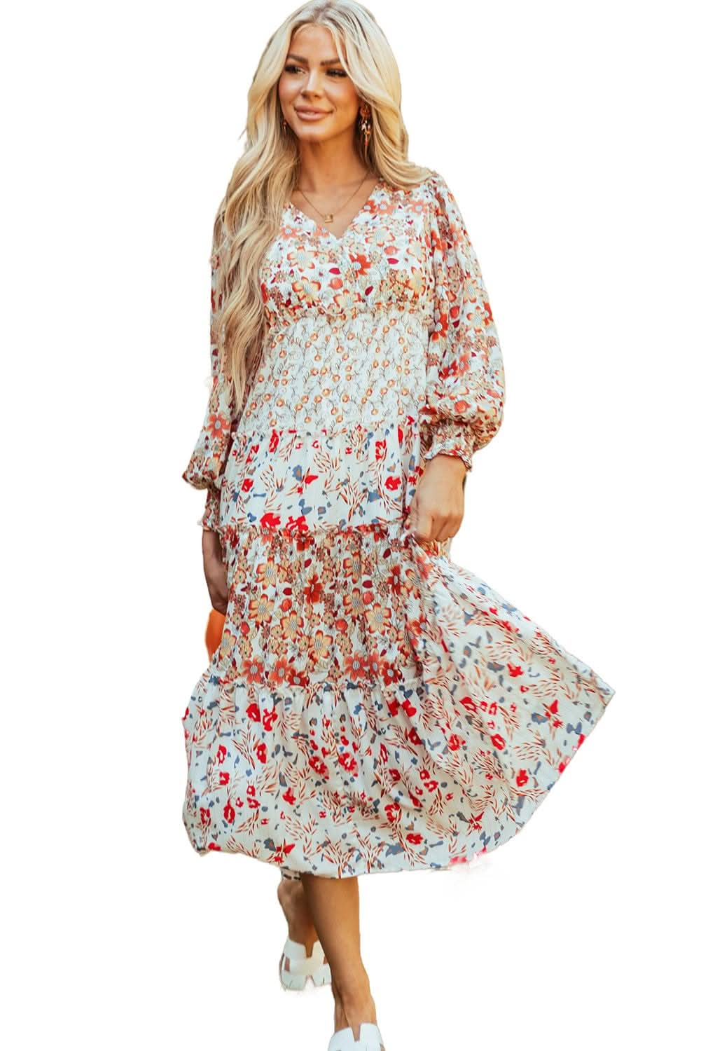 Khaki Floral Print Ruffled Tiered Long Sleeve V Neck Midi Dress - LustMia