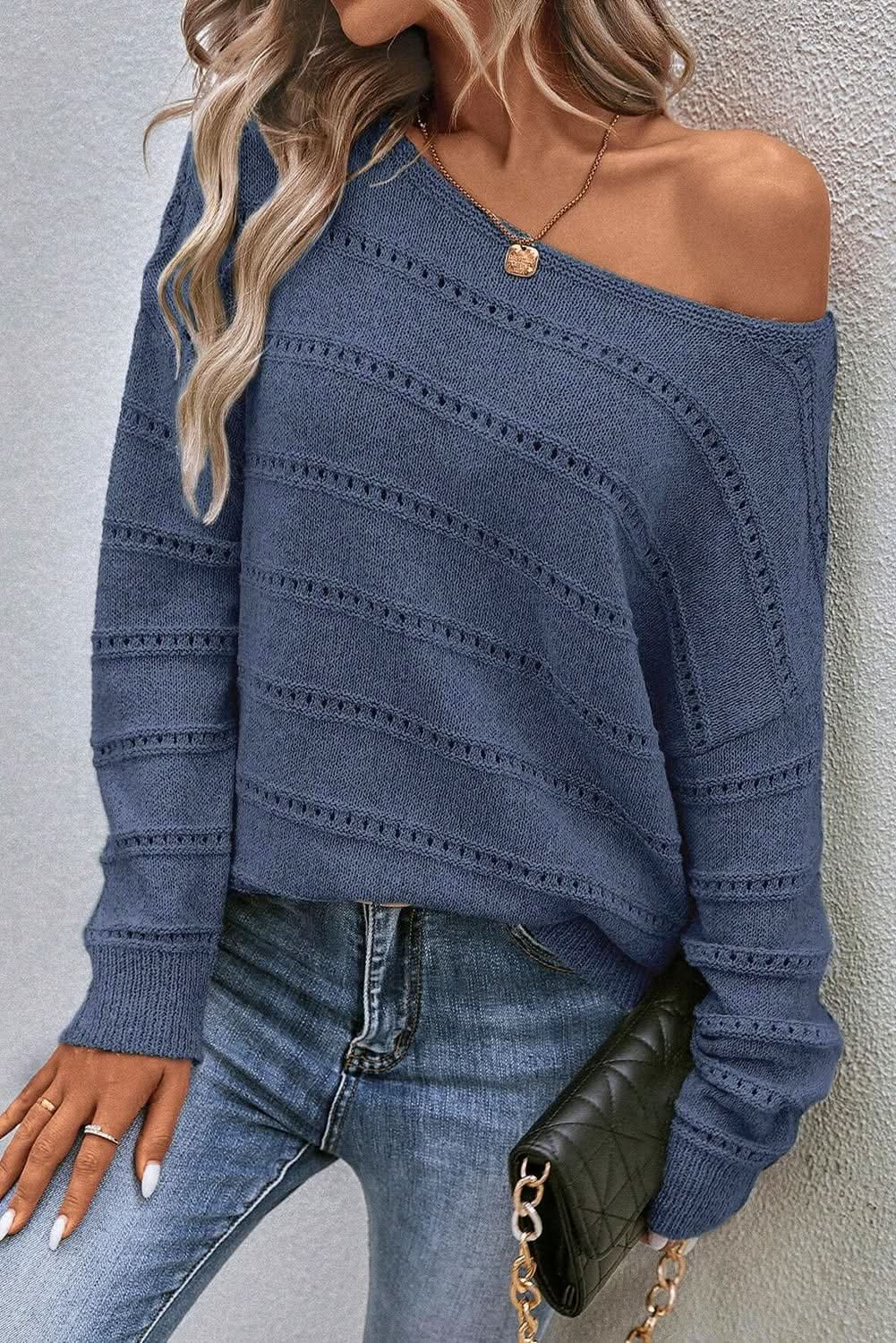 Real Teal Boat Neck Drop Shoulder Pointelle Knit Sweater - LustMia