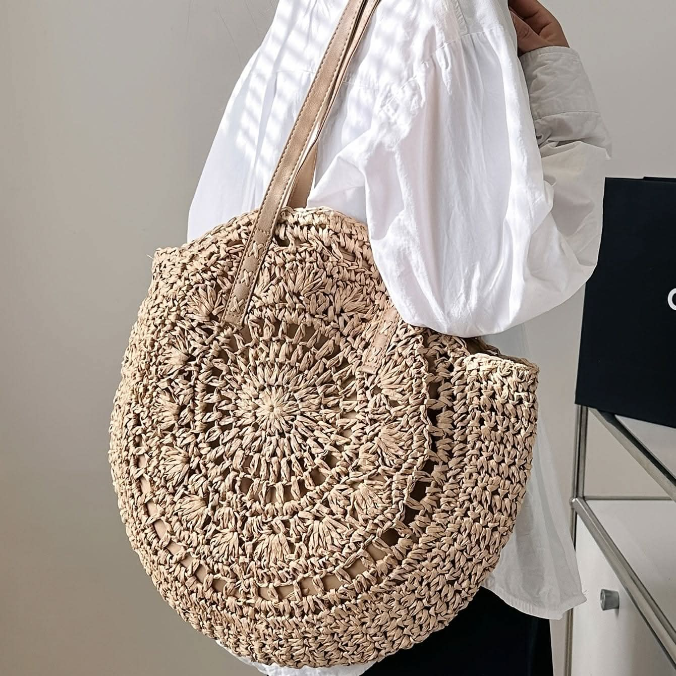 Straw Woven Casual Tote Bag, Double Handle Literary Beach Bag, Round Shape Portable Braided Bag - LustMia