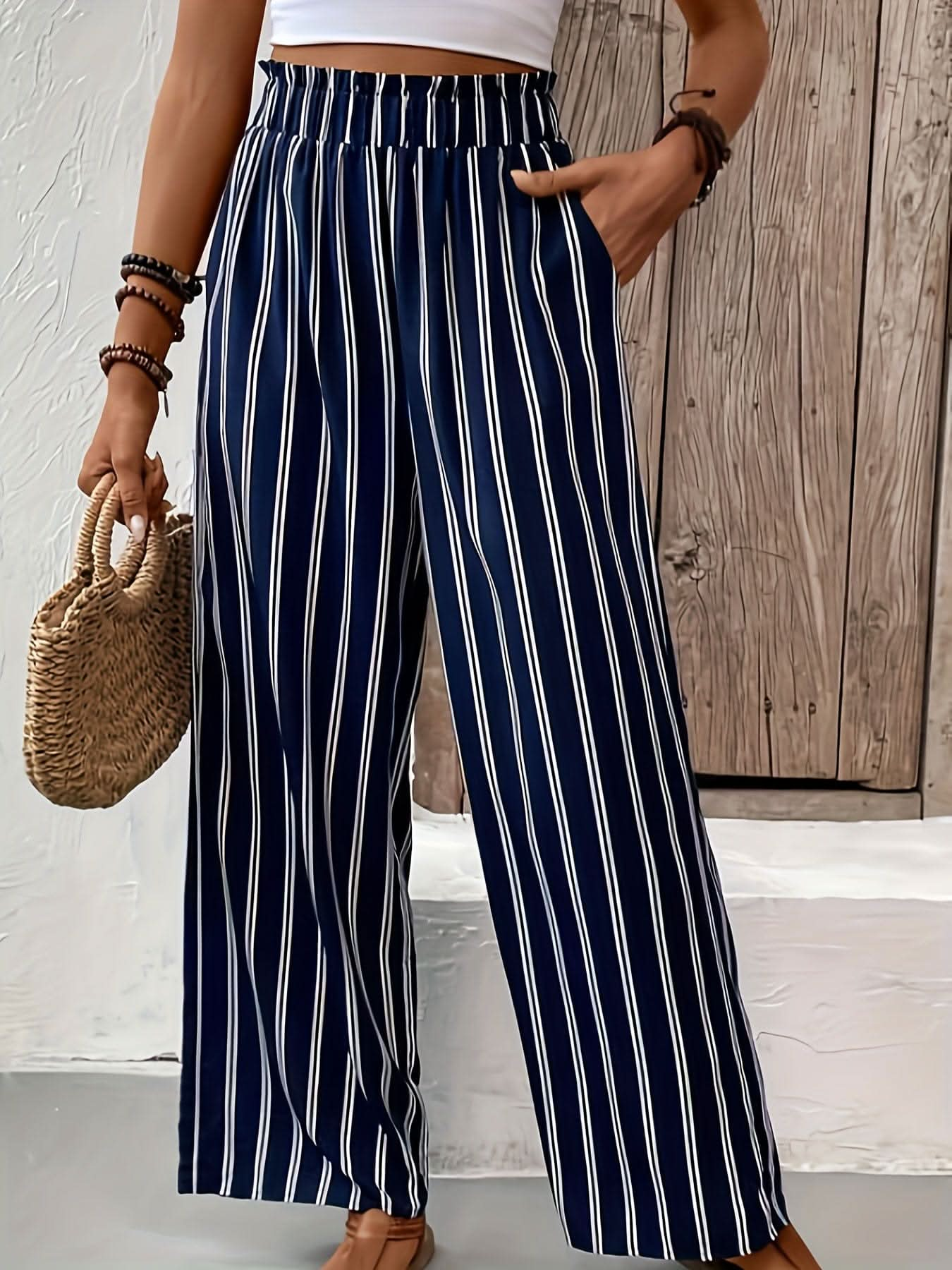 Elegant Striped WideLeg Pants Paper Bag Waist - LustMia