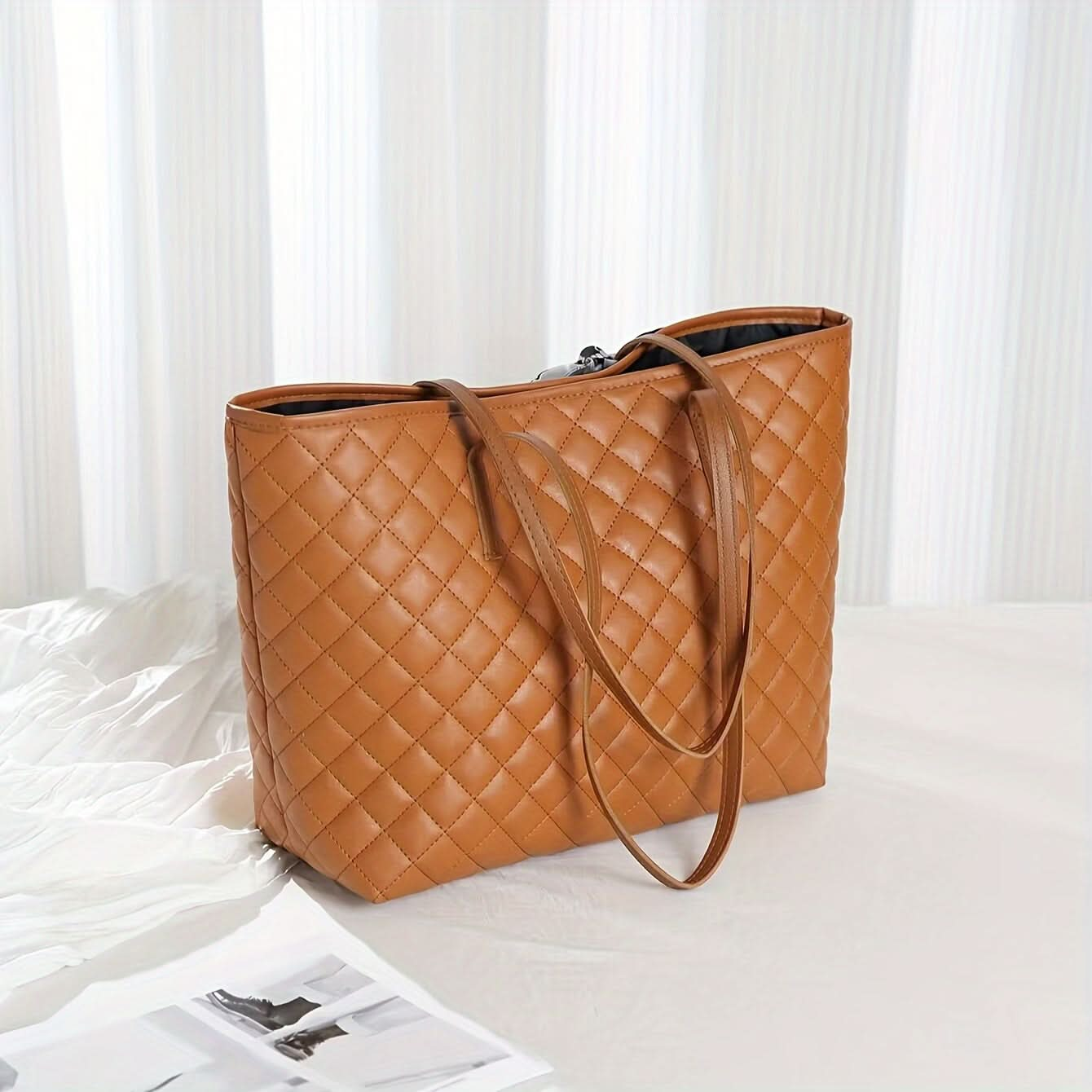 Quilted Tote Bag with Bow - Black, White, and Brown - LustMia