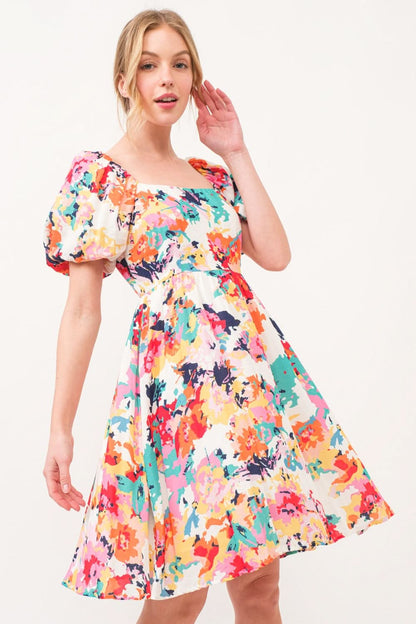 And The Why Square Neck Puff Sleeve Floral Dress - LustMia