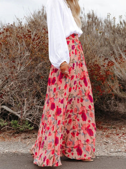 Printed Elastic Waist Pleated Maxi Skirt - LustMia