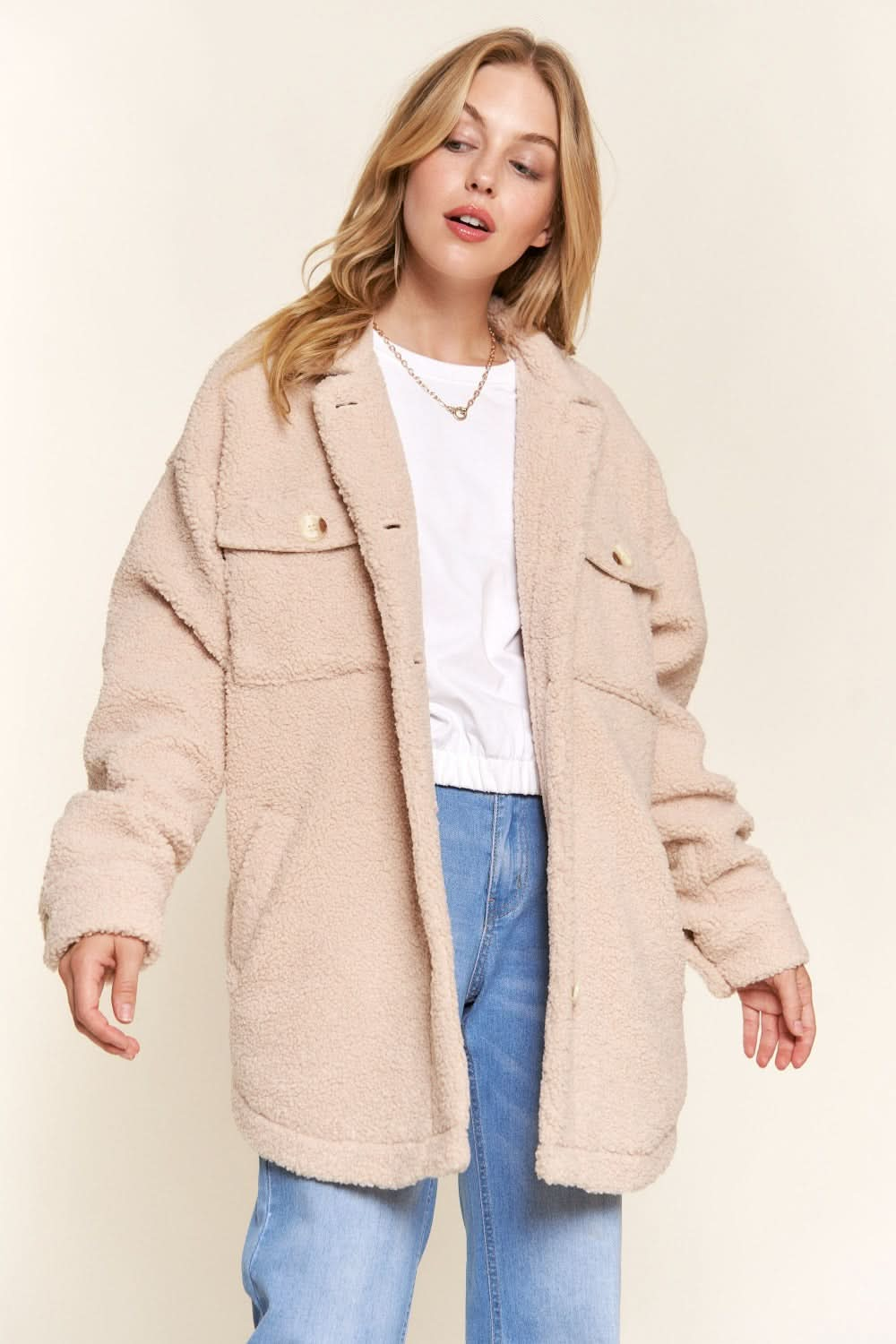 And The Why Teddy Sherpa Button Down Curved Hem Shacket - LustMia