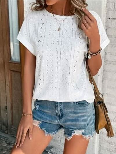 Eyelet Round Neck Short Sleeve T-Shirt - LustMia