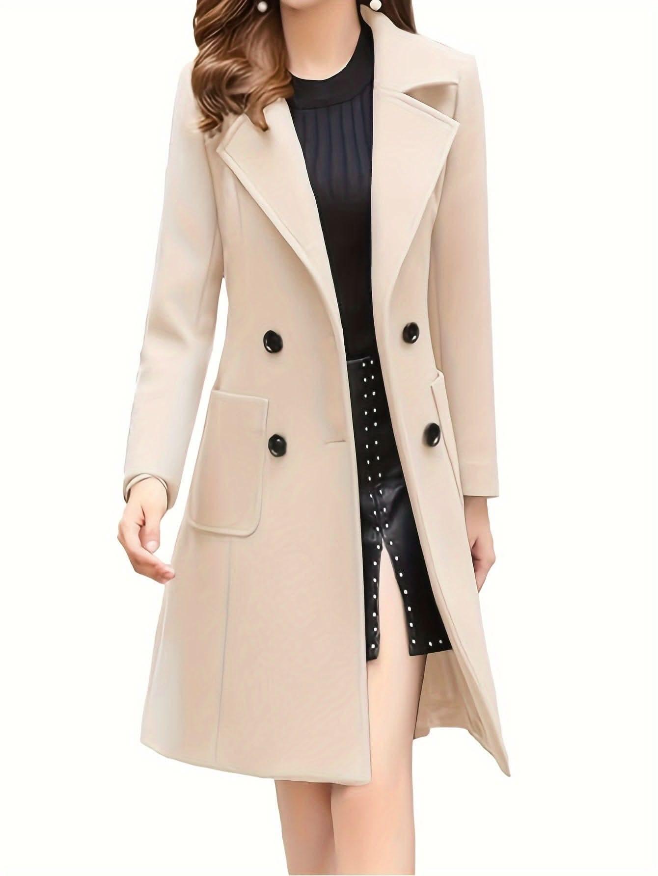 Women Winter Mid - Long Coat Notch Double - Breasted Lapel Jacket Outwear - LustMia