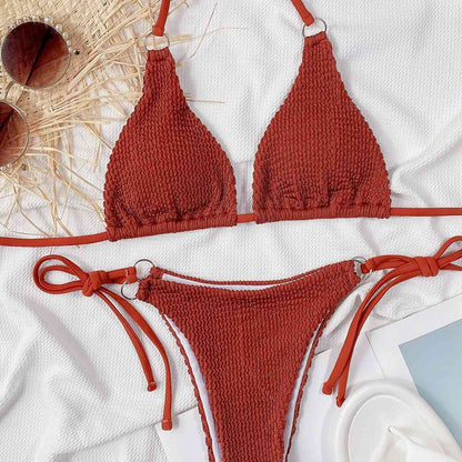 Textured Halter Neck Tie Side Bikini Set - LustMia