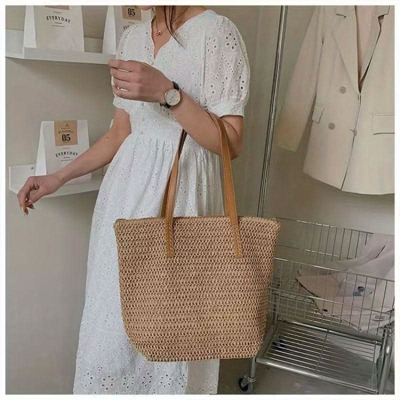 Straw Woven Tote Bag, Summer Beach Shoulder Bag, Women's Casual Handbag For Beach Travel Vacation - LustMia