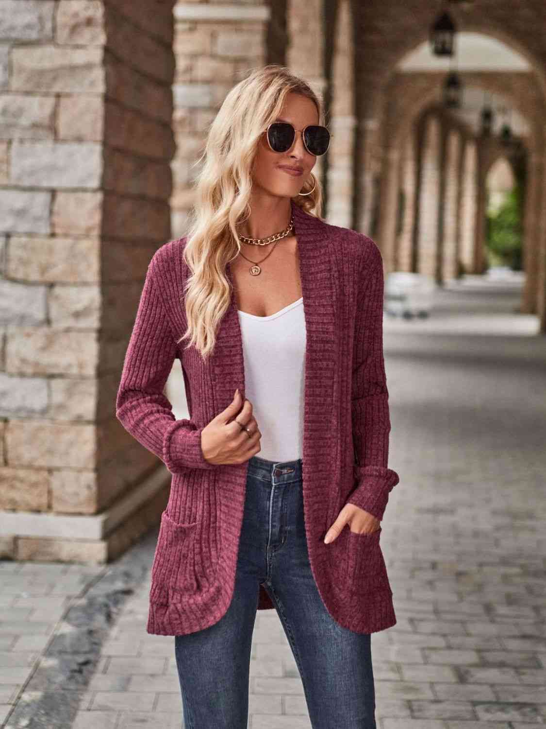 Open Front Cardigan with Pockets - LustMia