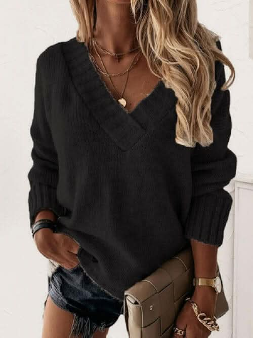 V - Neck Long Sleeve Knit Top - LustMia