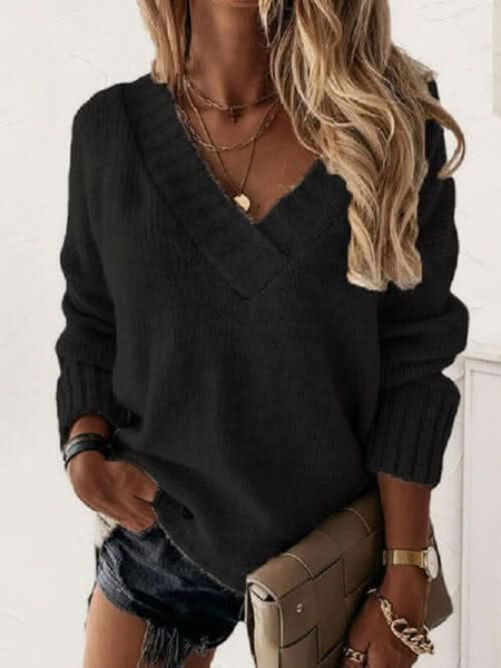 V - Neck Long Sleeve Knit Top - LustMia