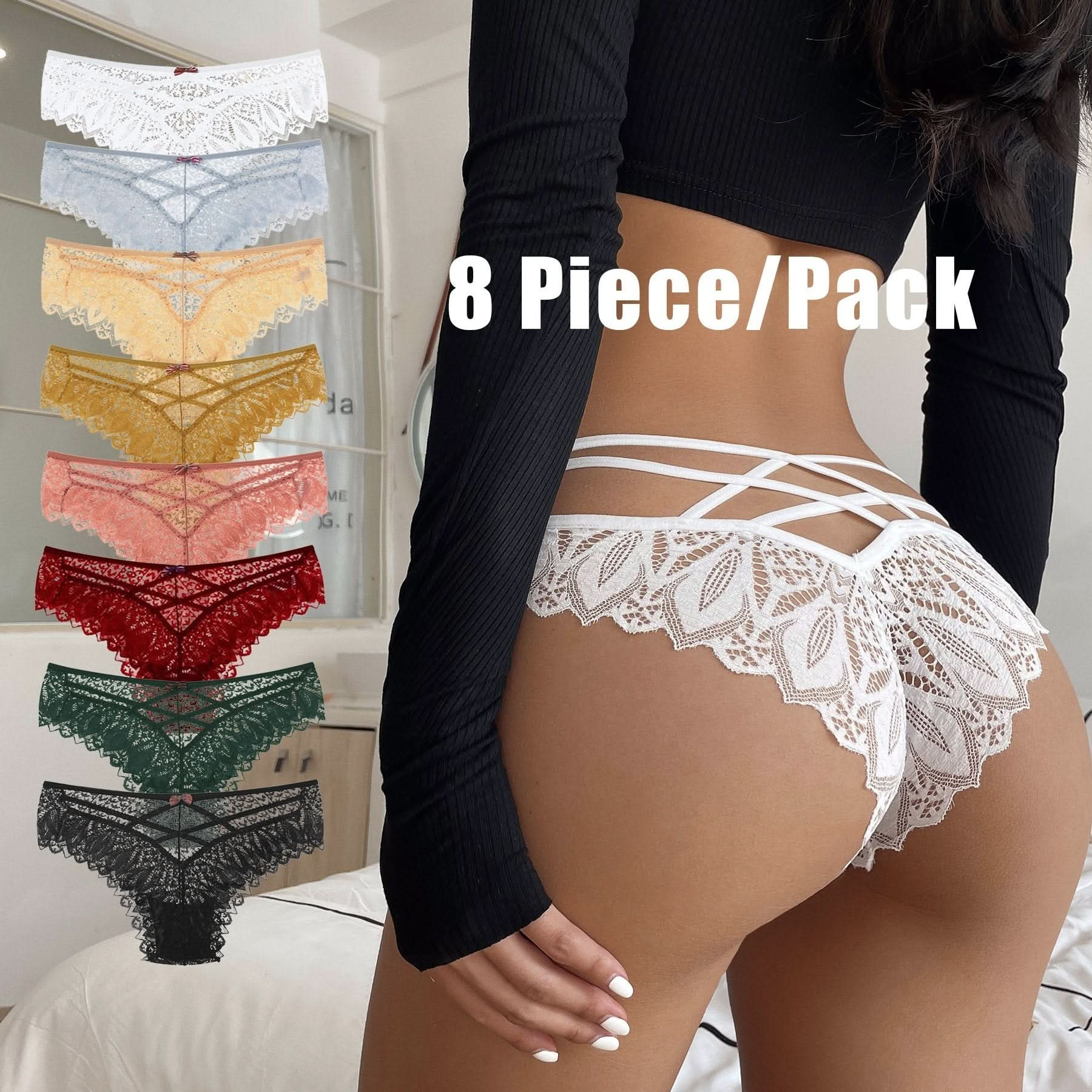 8pcs Floral Lace Panties, Comfy & Breathable Criss Cross Cut Out Intimates Panties, Women's Lingerie & Underwear - LustMia