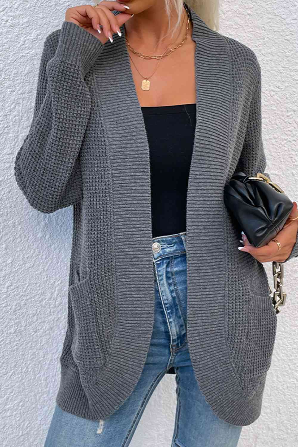 Open Front Rib - Knit Cardigan with Pockets - LustMia