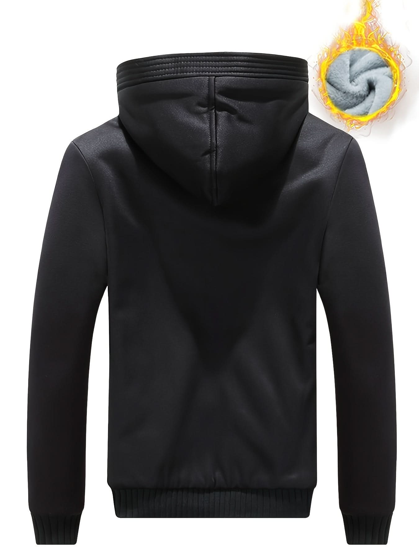 Winter Warm Fleece Zipper Hooded Jacket, Solid Color Thickened Casual Hoodie, Men's Clothing - LustMia