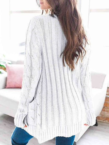 Cable - Knit Buttoned Cardigan with Pockets - LustMia