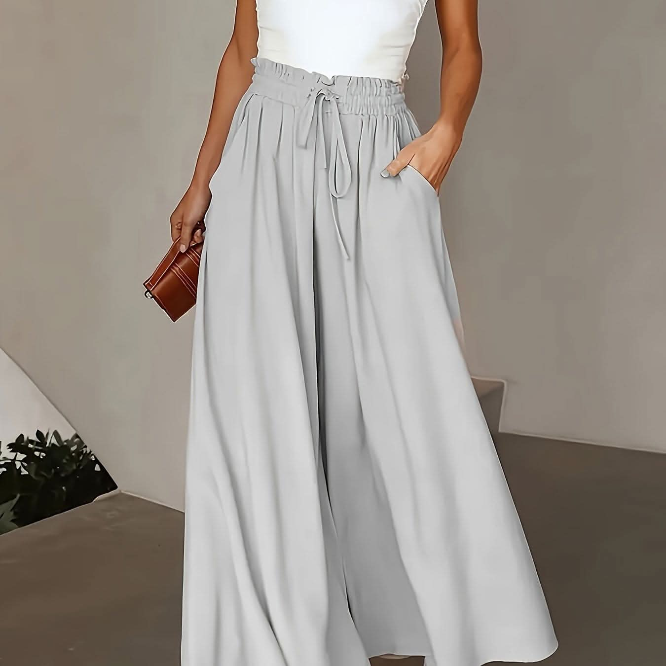 Plus Size Elegant Wide Leg TieFront Pants - LustMia