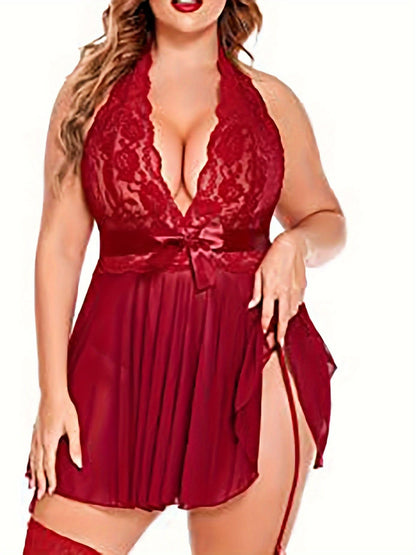 Plus Size Sexy Lingerie Dress, Women's Plus Floral Lace Bow Detail Deep V Neck Halter Babydoll Lingerie - LustMia