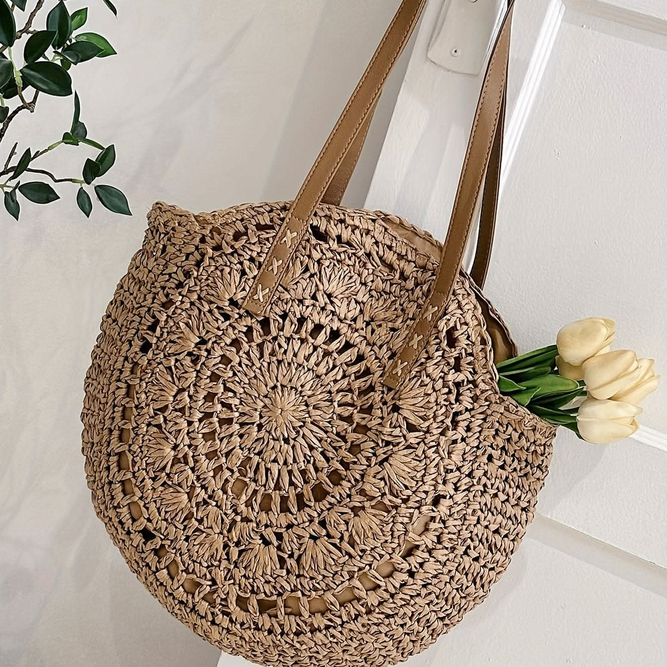 Straw Woven Casual Tote Bag, Double Handle Literary Beach Bag, Round Shape Portable Braided Bag - LustMia