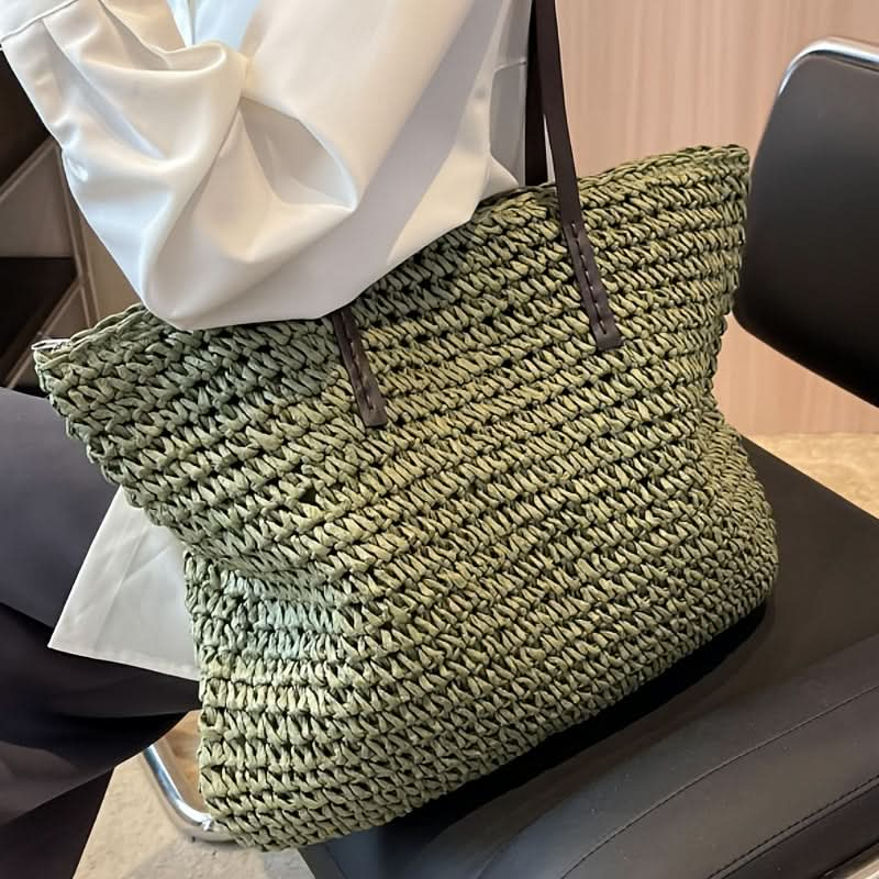 1pc Straw Woven Tote Bag (18.9''x14.17''/48cm*36cm), Luxury Handbag, Large Capacity Fashion Beach Shoulder Bag, Casual Summer Shopping - LustMia